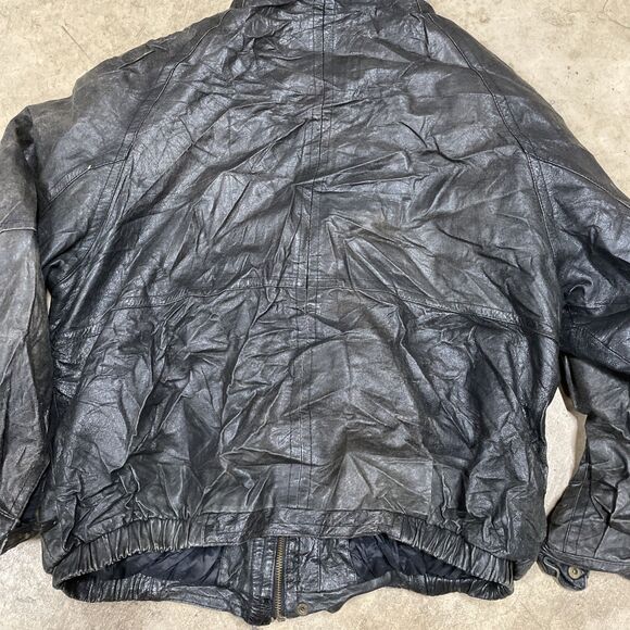 Vintage 90s 1871 Black Genuine Leather Bomber Flight Zip Jacket Mens Large - Picture 11 of 13
